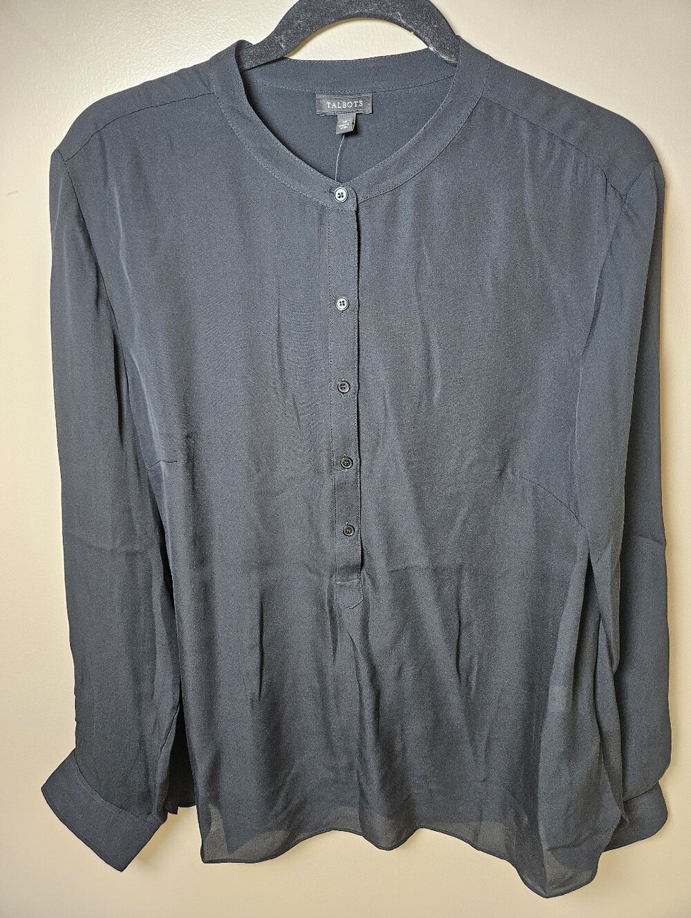Talbots Black 100% Silk Sheer Long Sleeve Blouse Office Size 14 Lightweight NEW